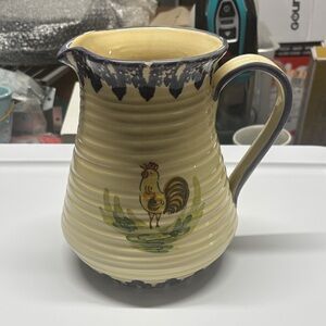 Ceramic Rooster Pitcher - Cream and Blue